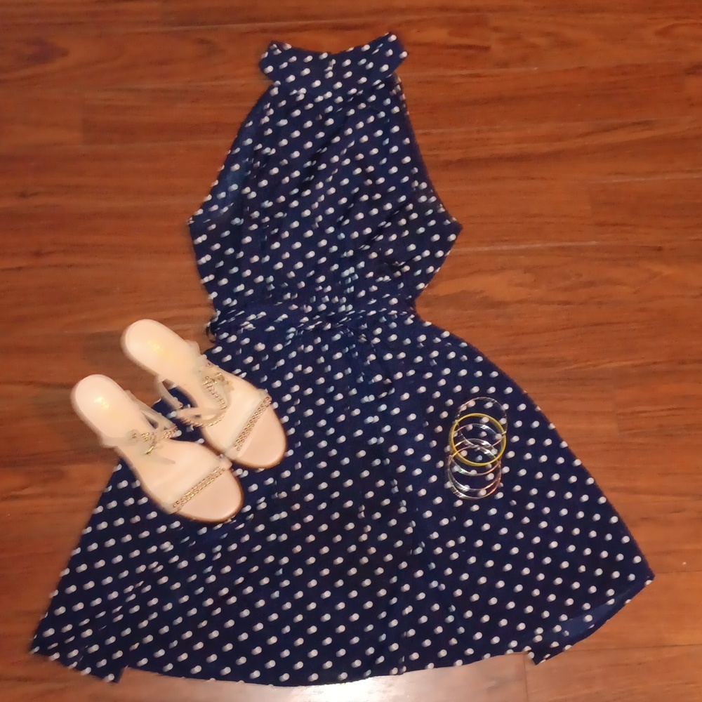 POLKA DOT BLUE HALTER STYLE SLEEVELESS DRESS